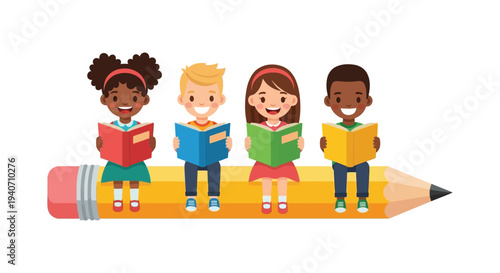 Four diverse children reading books while perched atop a large yellow pencil colorful illustration silhouette high quality professional detailed modern elegant