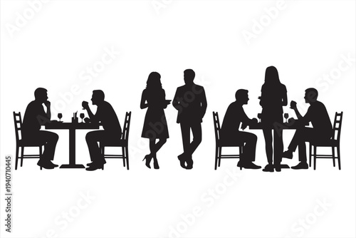 People sitting at tables and standing silhouetted against a white background in a vector graphic illustration of a social gathering or office meeting scene with multiple individuals.