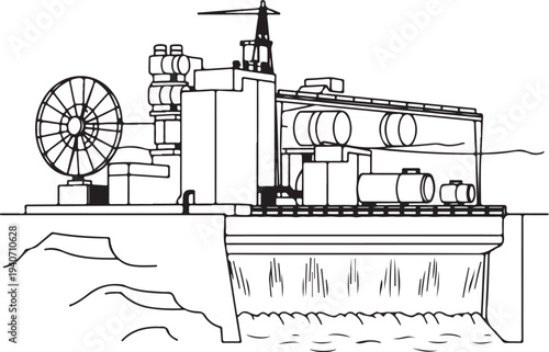 Green hydro electric generation station Hand-drawn Sketch Drawing Vector Illustration, Line Linear Symbol Black and White Engraving, Isolated