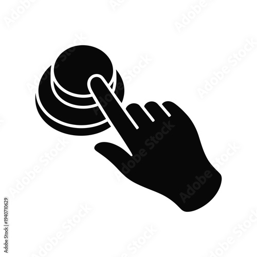 Hand silhouette presses a round button icon.