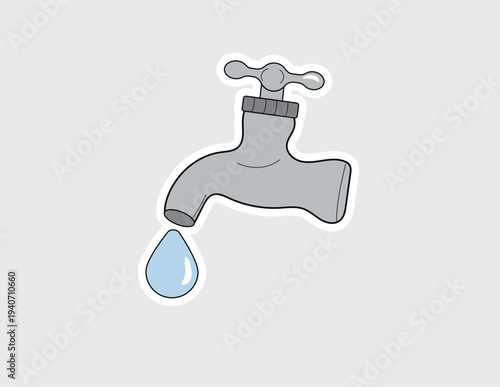 Water tap with droplet vector sticker. Faucet icon for plumbing services, water conservation awareness, bathroom renovation, and utility icons