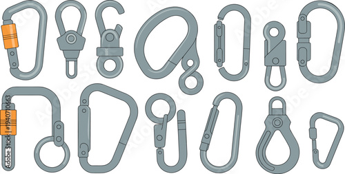 Carabiner clips and metal snap hook connectors set, climbing safety gear and mountaineering equipment vector illustration collection
