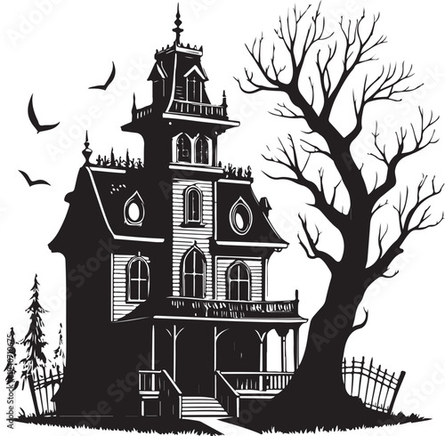 Haunted house spooky mansion Hand-drawn Sketch Drawing Vector Illustration, Line Linear Symbol Black and White Engraving, Isolated