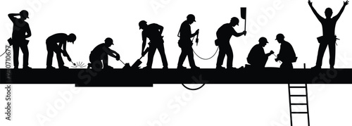 Construction Workers Silhouette Team Building Structure with Tools Industrial Labor Worksite Vector Illustration