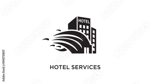 A sleek  logo featuring a stylized hotel building with a wave design, representing hotel services and hospitality, with a clean and professional aesthetic.