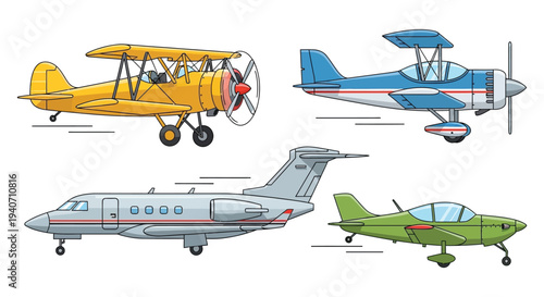 A colorful illustration depicts various airplanes in flight including a biplane and jet with a notable silhouette high quality professional detailed
