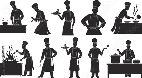 Chef Cooking Silhouettes Set Professional Cooks Preparing Food in Kitchen Restaurant Culinary Vector Illustration Collection