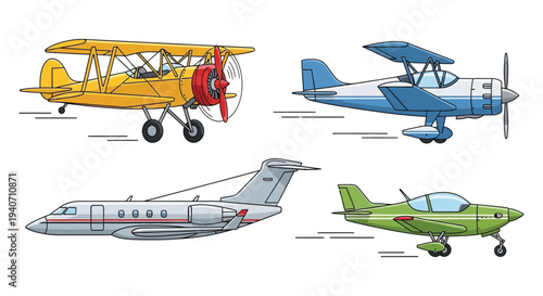 A colorful illustration depicts various aircraft in flight including biplanes jets and a small propeller plane silhouette high quality professional detailed