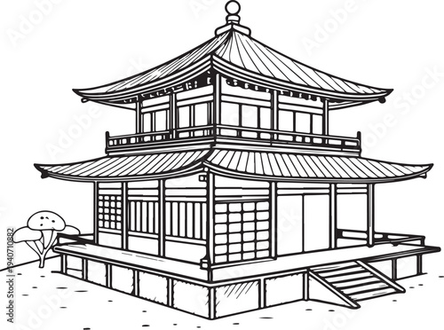 Japanese Teahouse Hand-drawn Sketch Drawing Vector Illustration, Line Linear Symbol Black and White Engraving, Isolated