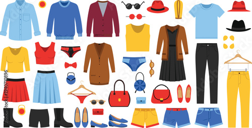 fashion clothing and accessories collection set, casual wardrobe items, shirts skirts pants shoes bags hats illustration, modern apparel icons