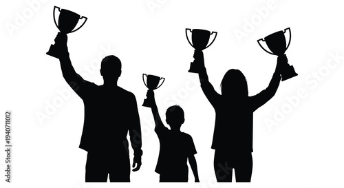 Celebrating victors three figures raise golden trophies in a stark black silhouette high quality professional detailed modern elegant stylish clean crisp