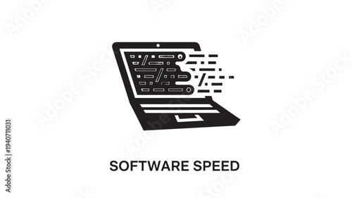 A stylized illustration of a laptop with green code streaming out of the screen, symbolizing software speed and technological advancement on a clean white background.