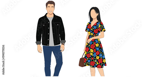 A digitally illustrated couple posing the woman with a distinct flat design silhouette high quality professional detailed modern elegant stylish clean