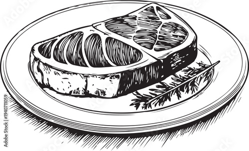 Meat Beef Steak on Plate Hand-drawn Sketch Drawing Vector Illustration, Line Linear Symbol Black and White Engraving, Isolated