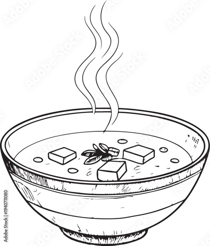 Miso soup Hand-drawn Sketch Drawing Vector Illustration, Line Linear Symbol Black and White Engraving, Isolated