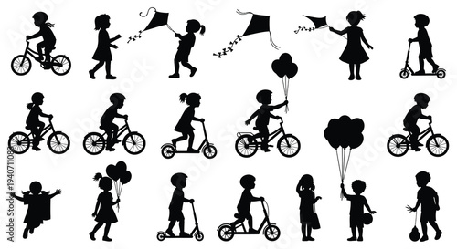 A collection of playful children enjoying outdoor activities like biking scootering and flying kites shown in silhouette high quality professional detailed