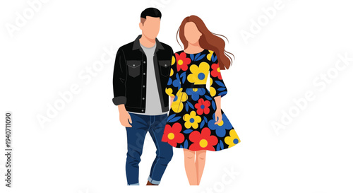 A stylish couple stands closely together showcasing modern fashion and a vibrant floral dress a bold silhouette high quality professional