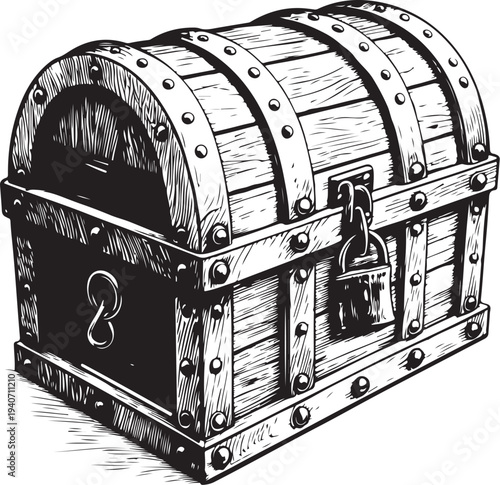 Old wooden closed and locked pirate treasure chest or trunk Hand-drawn Sketch Drawing Vector Illustration, Line Linear Symbol Black and White Engraving, Isolated