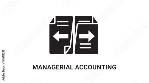 A professional logo representing managerial accounting with a split document icon and arrows, symbolizing financial analysis and strategy on a white background.