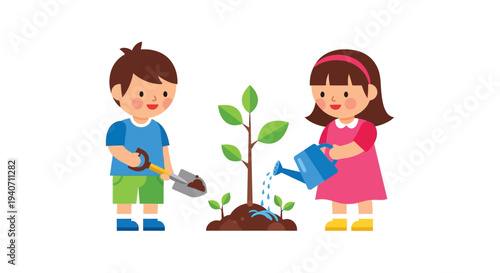Two children are happily gardening together a boy digging and a girl watering a small tree silhouette high quality professional detailed