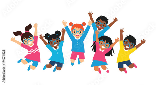 A group of diverse children joyfully jumping with arms raised depicted in a flat colorful silhouette high quality professional detailed modern