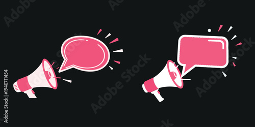 Megaphones with speech bubbles on black background