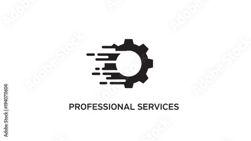 A black gear icon with motion lines and professional services text on a white background, representing speed and efficiency in business and technology.