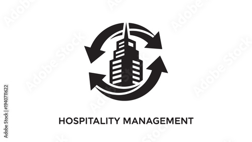 A  logo featuring a stylized hotel building surrounded by circular arrows, symbolizing hospitality management and customer service excellence.