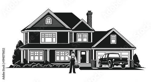 A detailed illustration of a two story house with a man and a truck in the driveway silhouette high quality professional modern
