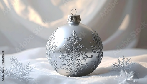 Silver Christmas Ornament with Snowflake Design on White Background.