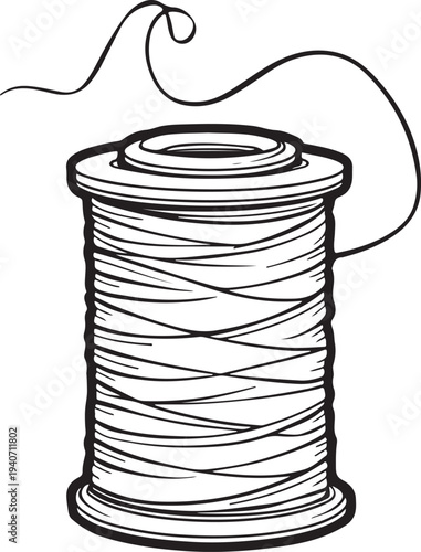 Spool of thread Hand-drawn Sketch Drawing Vector Illustration, Line Linear Symbol Black and White Engraving, Isolated