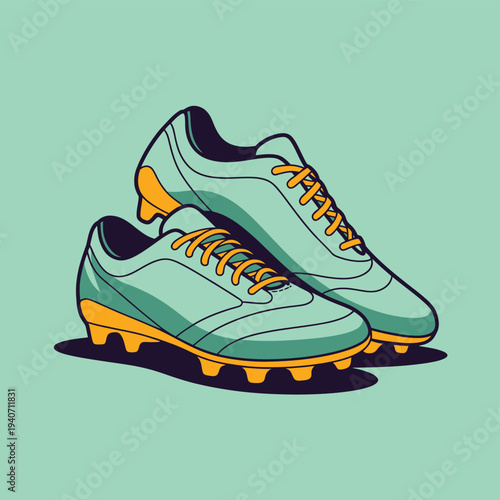 Soccer cleats in teal and orange are ready.