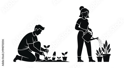 A couple engages in gardening activities with a man planting and a woman watering depicted as a silhouette high quality professional