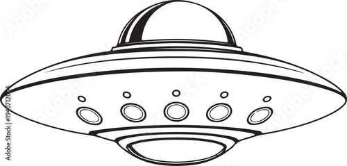 UFO Flying Saucer Aliens Hand-drawn Sketch Drawing Vector Illustration, Line Linear Symbol Black and White Engraving, Isolated