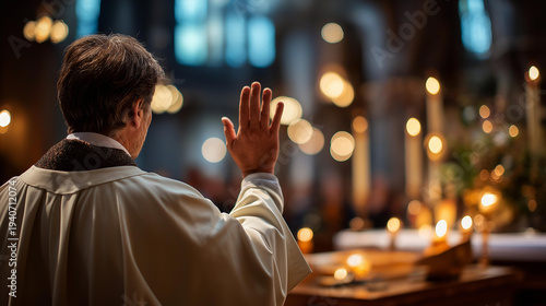 Faceless religious figure from behind in clerical attire at the front of a warmly lit church interior one hand raised in a gesture of blessing toward an implied congregation