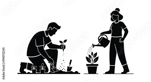 A couple collaboratively gardening a man planting and a woman watering depicted in a striking silhouette high quality professional detailed modern