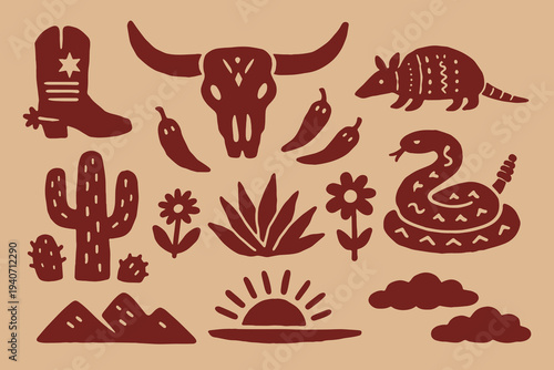 Western desert symbols set minimal folk vector illustration