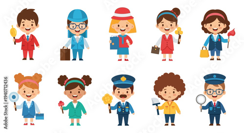 A collection of cheerfully illustrated children dressed as various professions presented as a flat design silhouette high quality professional detailed modern