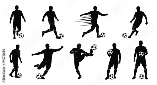A collection of soccer players in various action poses depicted as stark black shapes silhouette high quality professional detailed modern elegant