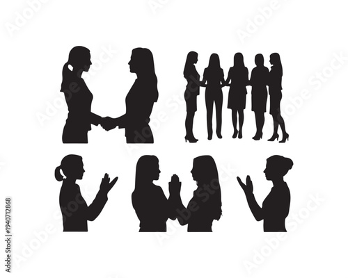 Group of Businesswomen Silhouettes Showing Handshake Collaboration and Applause On White Background interactions