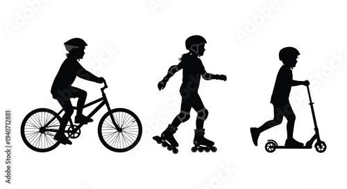 A black silhouette illustration depicts children engaged in outdoor activities cycling rollerblading and scootering silhouette high quality professional detailed modern elegant