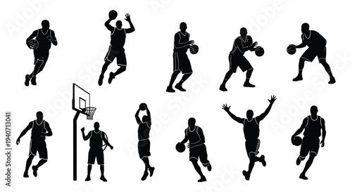 A collection of dynamic basketball players in various action poses presented as stark black silhouettes high quality professional detailed modern elegant