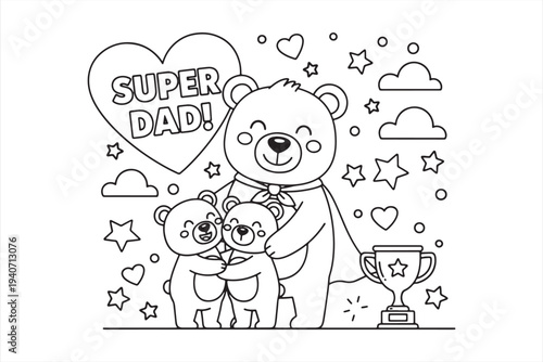 Heartfelt vector illustration of a bear father embracing his two adorable cubs with a super dad message and trophy