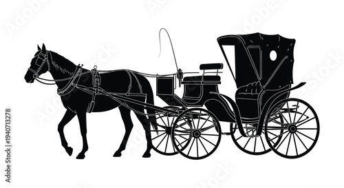 A striking black silhouette depicts a horse drawn carriage showcasing classic elegance and timeless transportation silhouette high quality professional detailed modern elegant