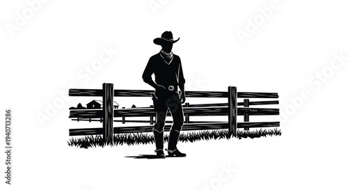 A striking black silhouette of a cowboy leaning against a wooden fence with a rural landscape silhouette high quality professional detailed