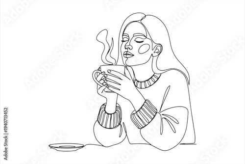 Woman enjoying warm beverage in cozy sweater with eyes closed in a minimalist line art illustration