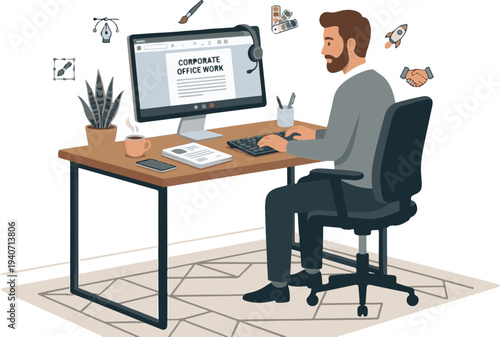 Professional Businessman Working on Computer in Corporate Office