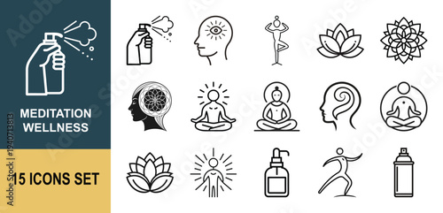 Meditation and Mindfulness Outline Icon Set with Lotus, Yoga, Breathing, Aromatherapy and Mental Wellness Symbols
