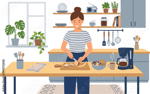 Young Woman Preparing Healthy Breakfast in Modern Kitchen