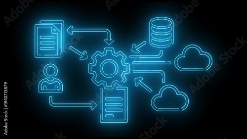 Neon-lit illustration of interconnected data flow symbols including gears, documents, clouds, and databases on a black background with blue glowing lines.